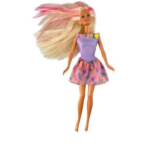 1999 Mattel Barbie Doll Blonde Pink Streaks Genuine Barbie Candy Print Dress